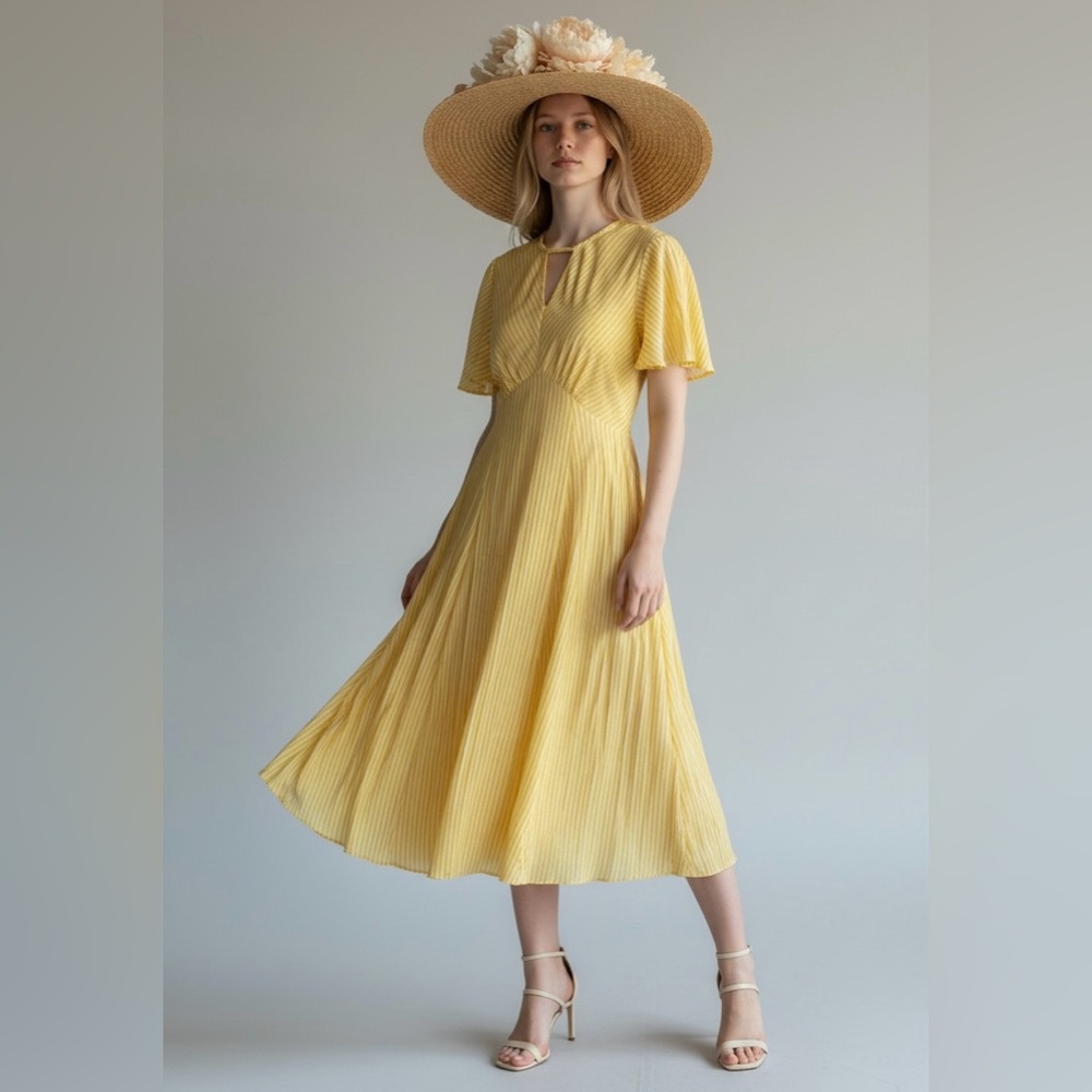 Even Though Yellow Striped Midi Dress Cutout Neck Tie Back Dress‎ Size M